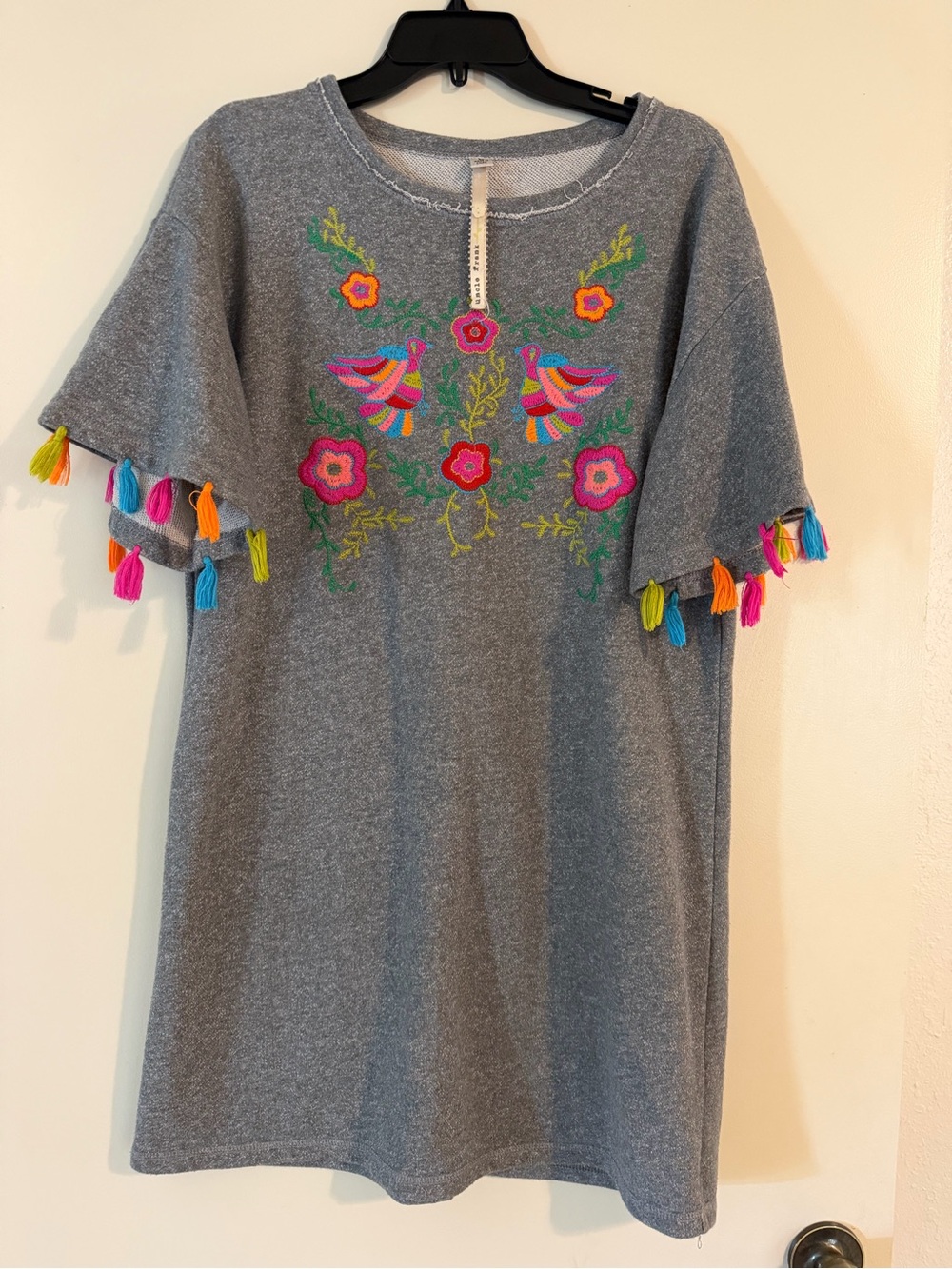 Uncle Frank Gray Casual Dress with Multicolor Embroidered Birds & Tassels